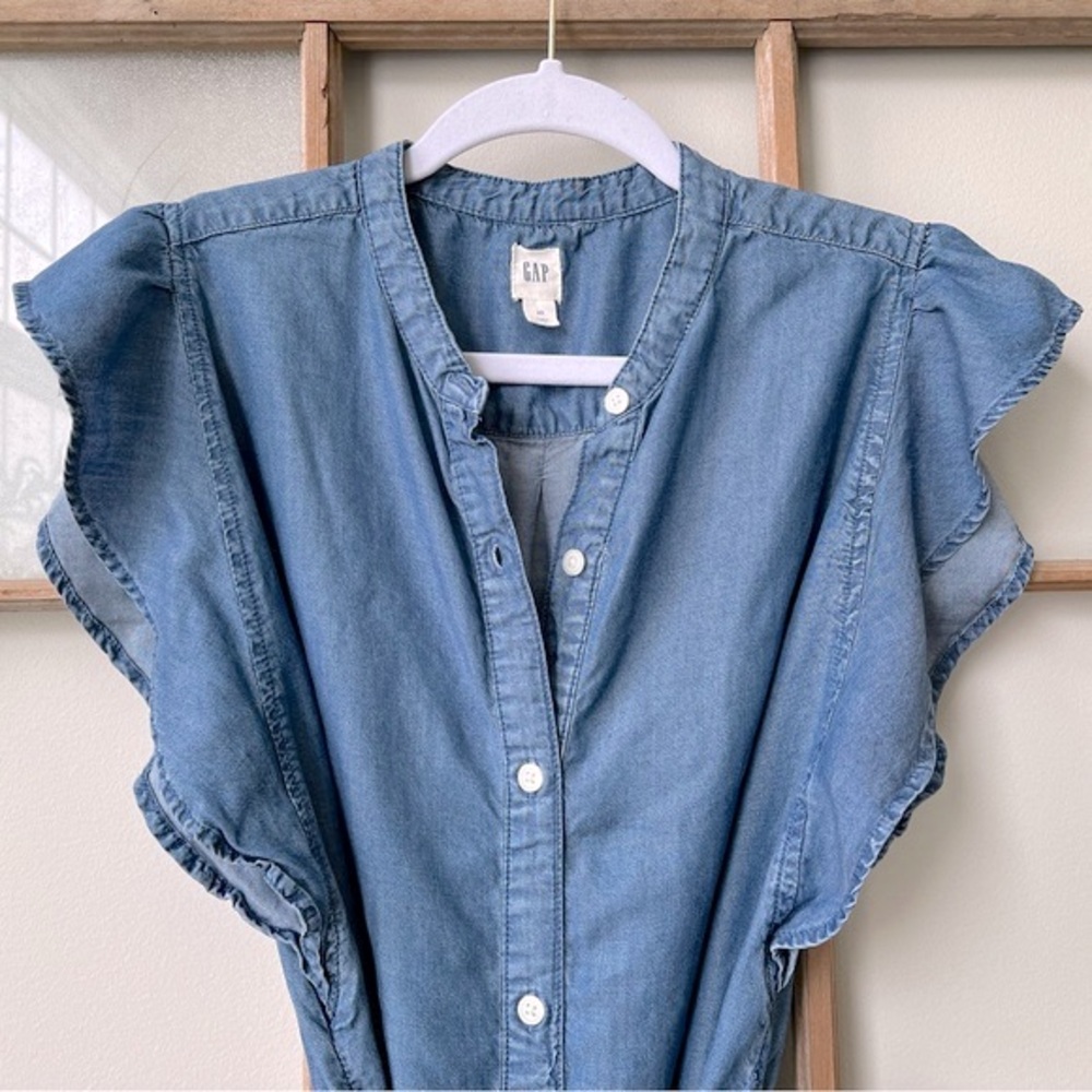 Euc Gap Flutter Sleeve Chambray Tencel Midi Shirt… - image 8